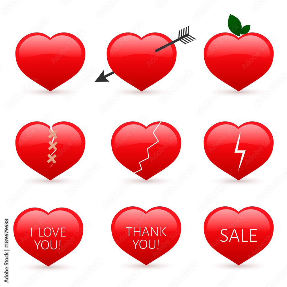 Set of nine red hearts icons isolated on white background. Valentine’s day vector collection. Love story symbol. Easy to edit design template. Set of nine red hearts icons isolated on white background. Valentine’s day vector collection. Love story symbol. Easy to edit design template.