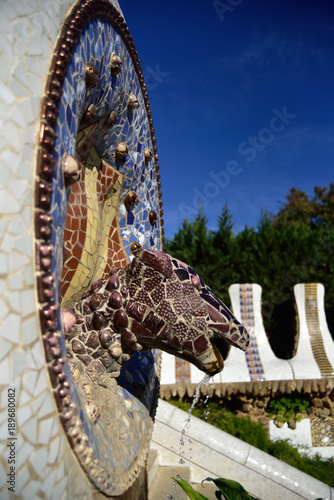 Park Guell - fountain mosaic sculpture in Barcelona.