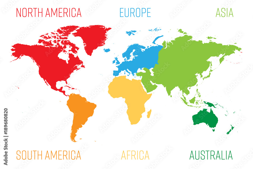 Obraz Mapa świata podzielona na sześć kontynentów. Każdy kontynent w innym kolorze. Prosta ilustracja wektorowa płaski.