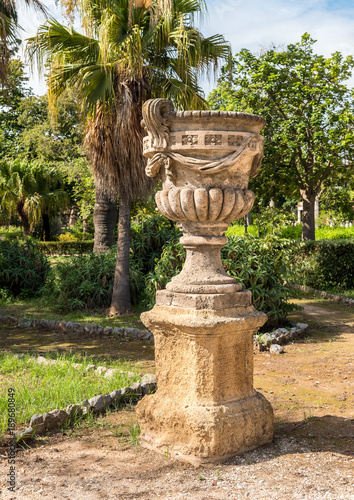 Decorative ancient vase of the garden park Villa Giulia in Palermo, Sicily, Italy