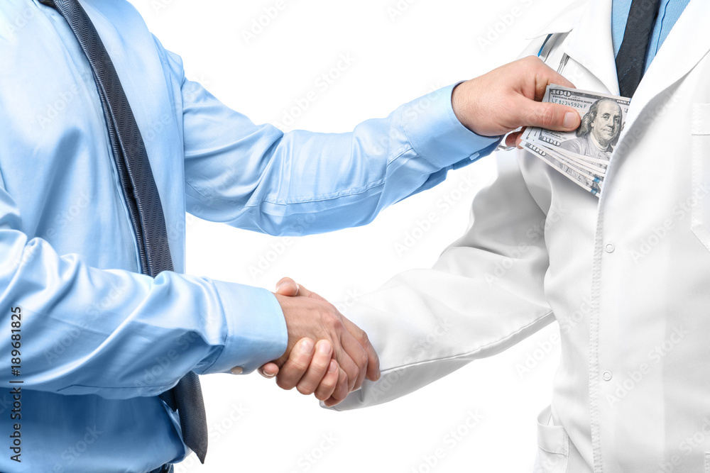 Fototapeta premium Doctor getting money from man on white background. Corruption concept