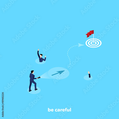 a man in a business suit overcomes the dangers on the way to the goal  an isometric image