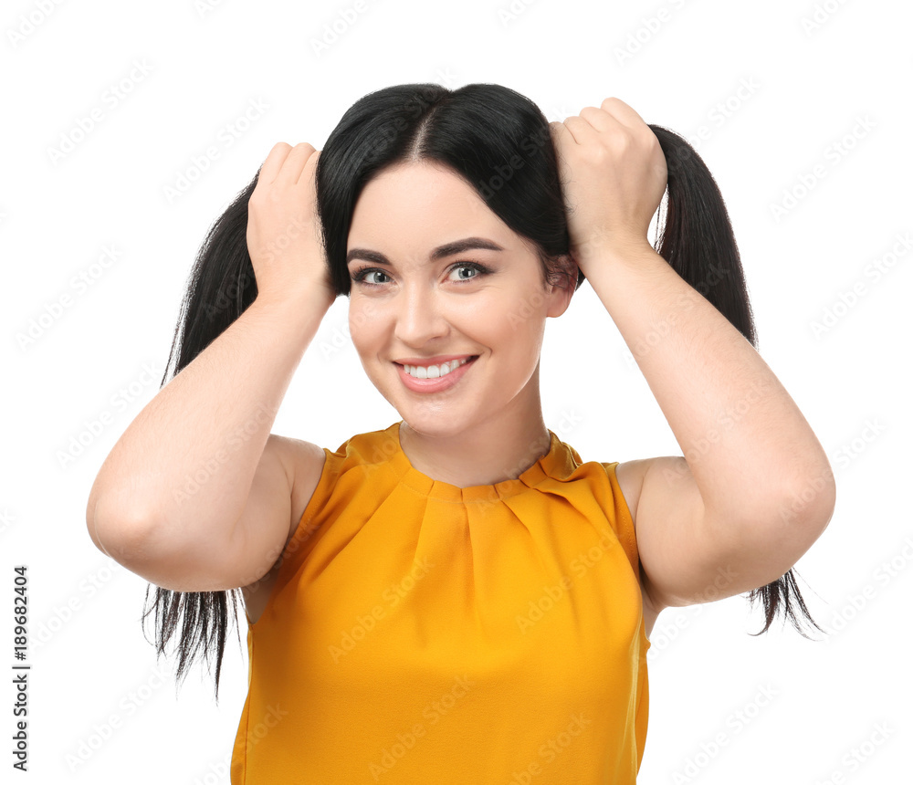 Portrait of young smiling woman on white background Portrait of young smiling woman on white background