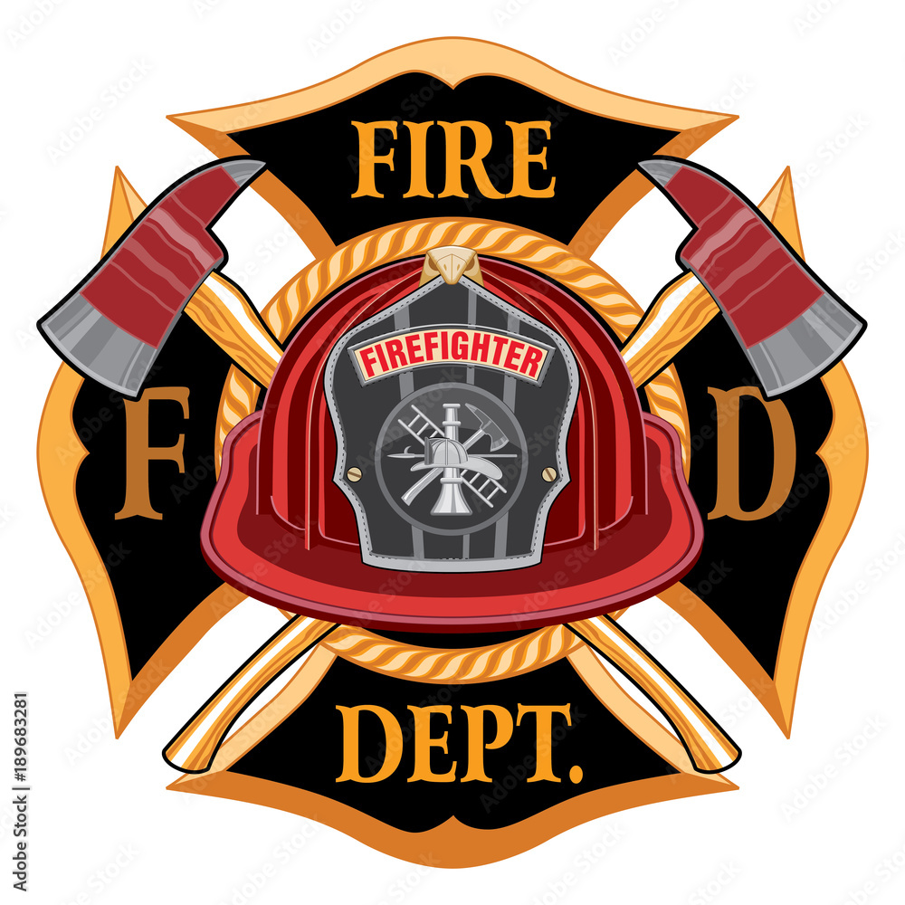 Obraz premium Fire Department Cross Vintage with Red Helmet and Axes is an illustration of a vintage fireman or firefighter Maltese cross emblem with a red firefighter helmet with badge and crossed axes.