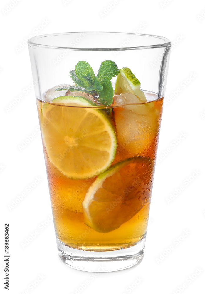Glass with Cuba Libre cocktail on white background Glass with Cuba Libre cocktail on white background