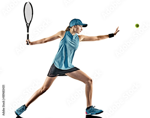 one young caucasian tennis woman isolated in silhouette on white background © snaptitude