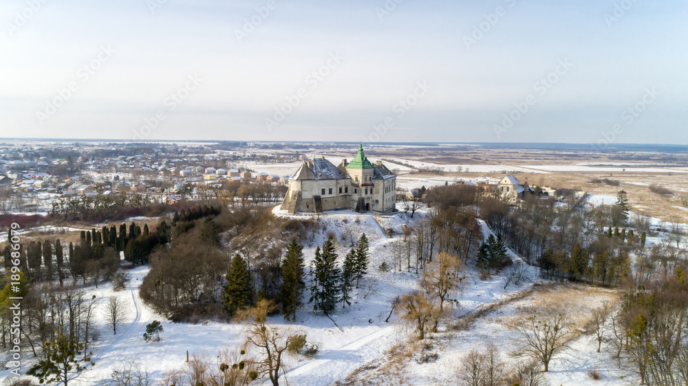 Aerial view of the Olesky Castle and residential neighborhoods near it