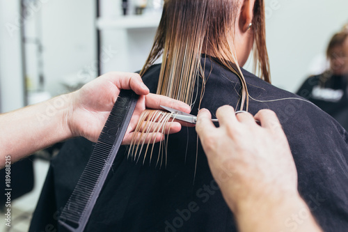Close-up of a woman in hair salon getting her hair cut by the hairdresser. 