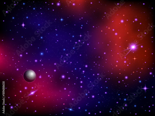 Colorful space galaxy background with planet and stars. Milky way and stardust. Artwork background. Color nebula. Realistic vector illustration