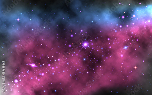 Colorful nebula background. Realistic space wallpaper with Milky way and shining stars. Space galaxy with planets and stardust. Trendy vector illustration
