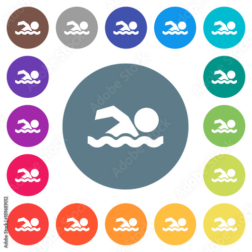 Swimming man flat white icons on round color backgrounds