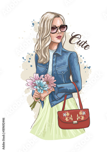 Beautiful young woman holding a bouquet of flowers. Stylish lady in a denim jacket and sunglasses. Fashion model posing. Casual style. Hand drawn sketch. Vector illustration of fashion.