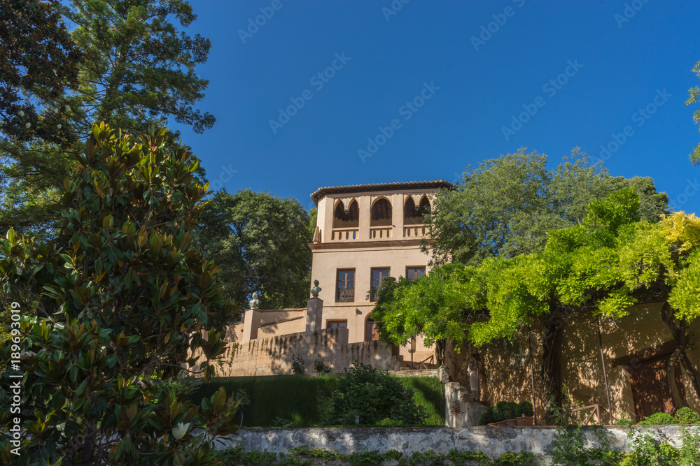 Obraz premium View of the bell tower of the Alhambra from the Generalife gardens in Granada, Spain, Europe