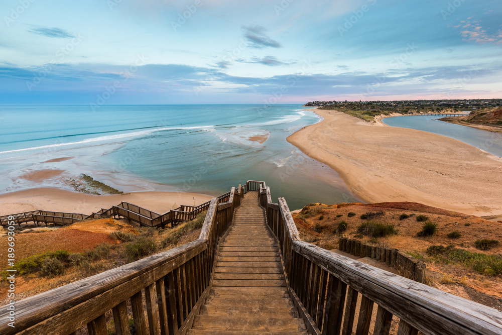 The wooden staircase leading down to the mouth of the Onkapringa river Port Noarlunga