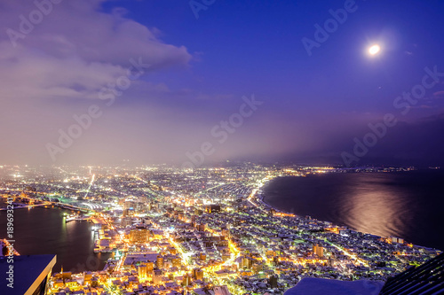 Top view night of Hakodate city and bay Japan