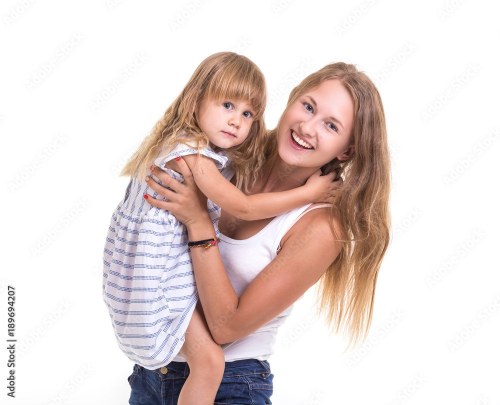 Portrait beautiful caucasian mother and daughter. Studio shooting isolated on white Portrait beautiful caucasian mother and daughter. Studio shooting isolated on white