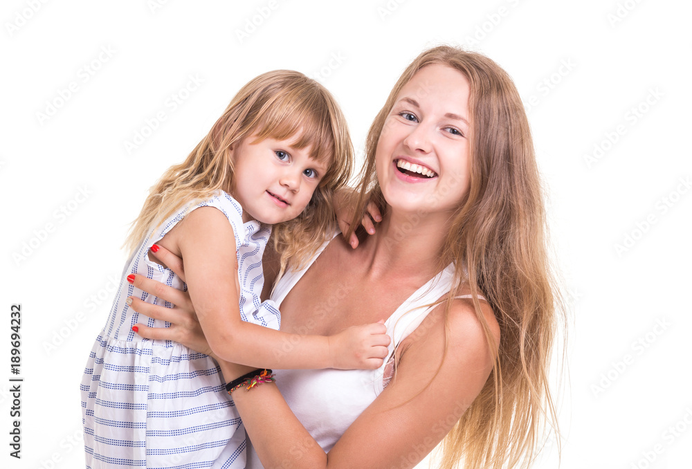 Portrait beautiful caucasian mother and daughter. Studio shooting isolated on white Portrait beautiful caucasian mother and daughter. Studio shooting isolated on white