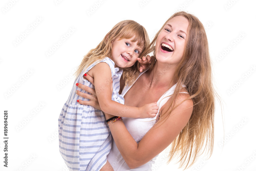 Portrait beautiful caucasian mother and daughter. Studio shooting isolated on white