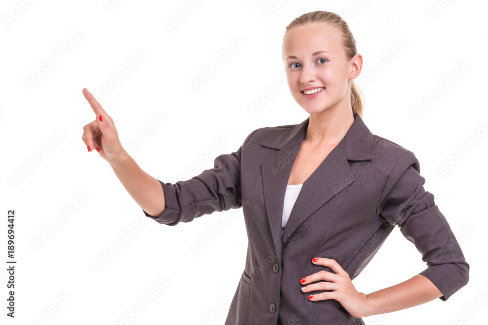 Beautiful young caucasian businesswoman in grey suit with hand gesture isolated on white Beautiful young caucasian businesswoman in grey suit with hand gesture isolated on white