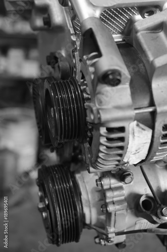 Close up of auto motor engine in black and white