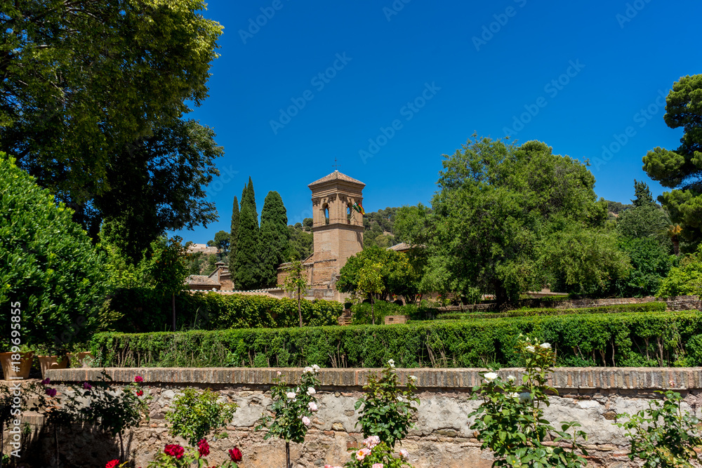 Church in the gardens of Alhambra in Granada, Spain, Europe