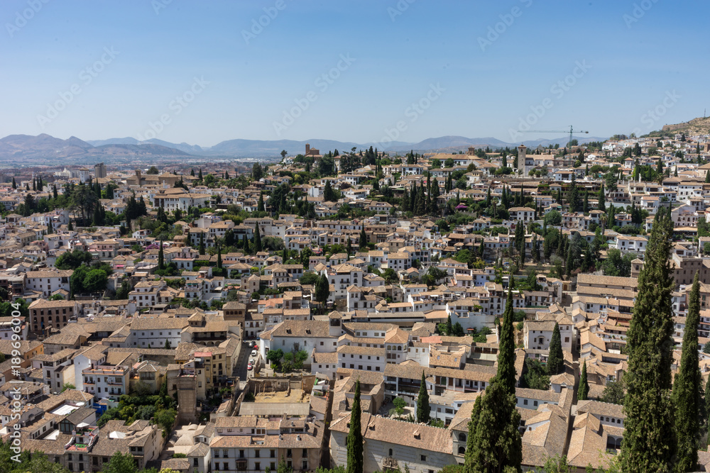 Aerial view of the city of Granada, Albaycin , viewed from the Alhambra palace in Granada, Spain, Europe