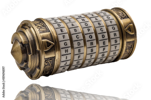 Obraz na płótnie Cryptography codes and ciphers , top secret message and keyword puzzle concept with a metal combination cryptex isolated on white with a clipping path included w salonie