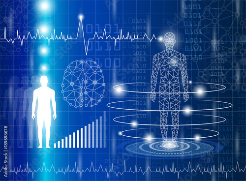 abstract background technology concept in blue light,brain and human body heal ,technology modern medical science in future and global international medical with tests analysis clone DNA human