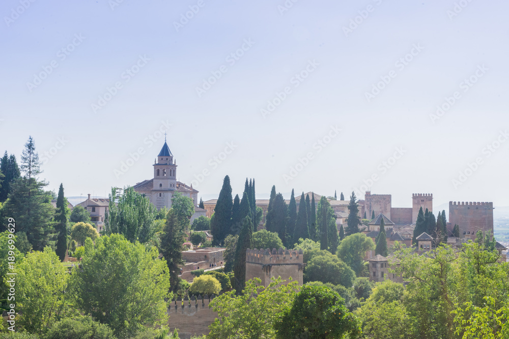 View of the bell tower of the Alhambra  from the Generalife gardens in Granada, Spain, Europe