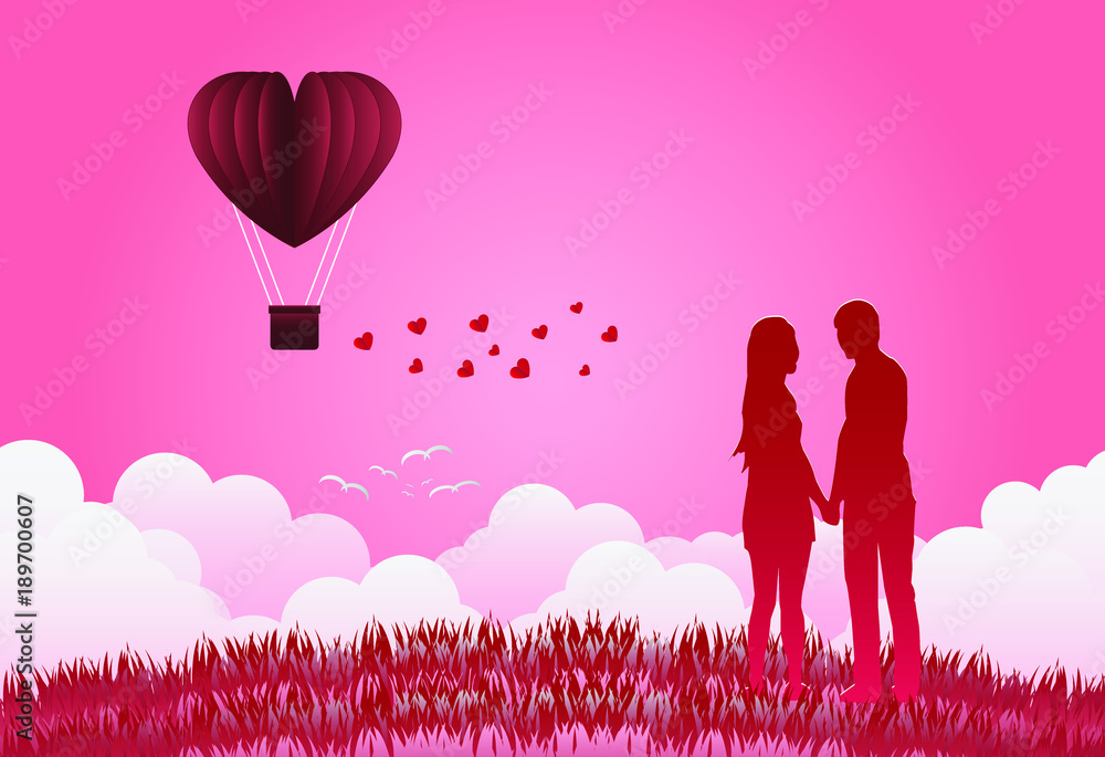 Fototapeta Valentine's day balloons in a heart shaped flying over grass view background,Standing hand in hand, showing love to each other. paper art style. vector illustrator