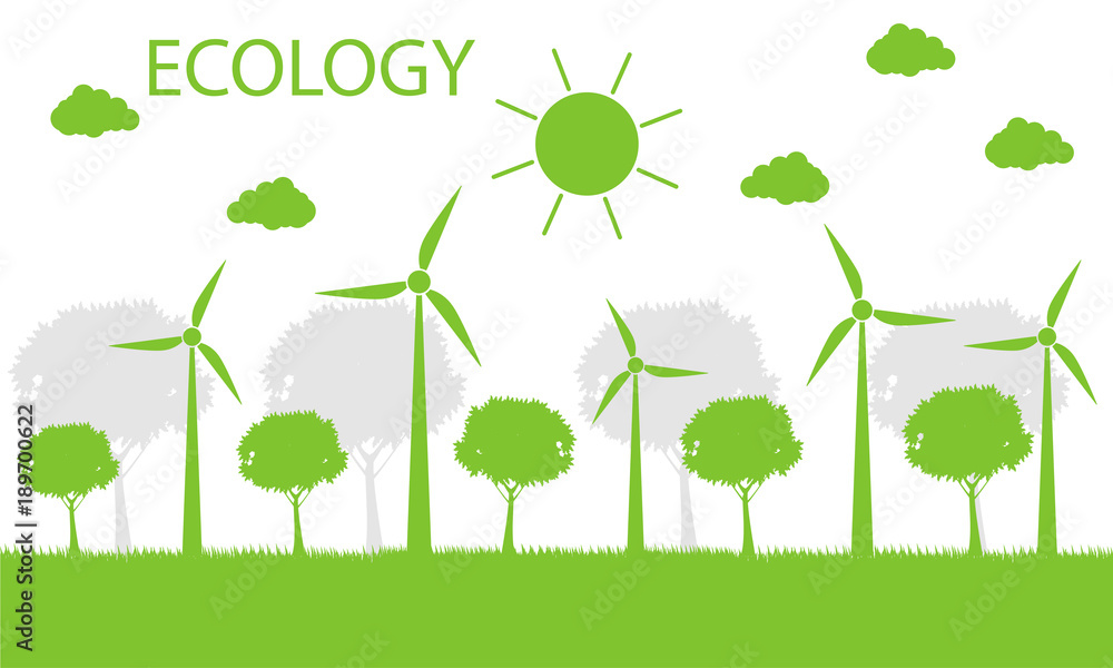 Wind turbines with trees and sun Clean energy with eco-friendly concept ideas.