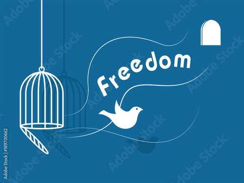 illustrations bird flying out of the cage to freedom and autonomy,inspirational freedom concept with dove icon