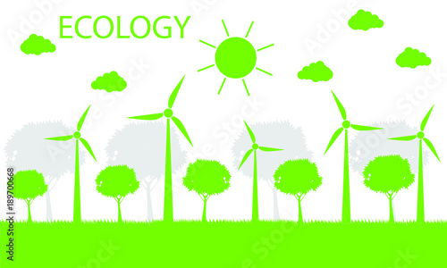 Wind turbines with trees and sun Clean energy with eco-friendly concept ideas.vector illustration
