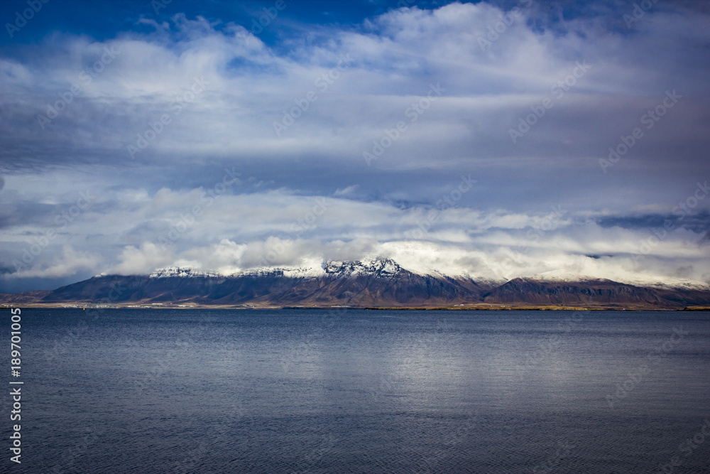 Snowy Mountain in the Distance across the Sea in Reykjavik: Snowy Mountain in the Distance across the Sea in Reykjavik: