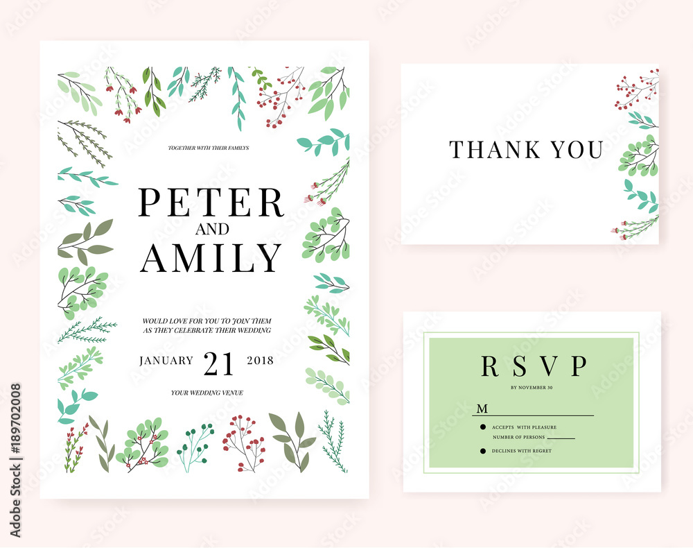 wedding invitation card with flower template pink set