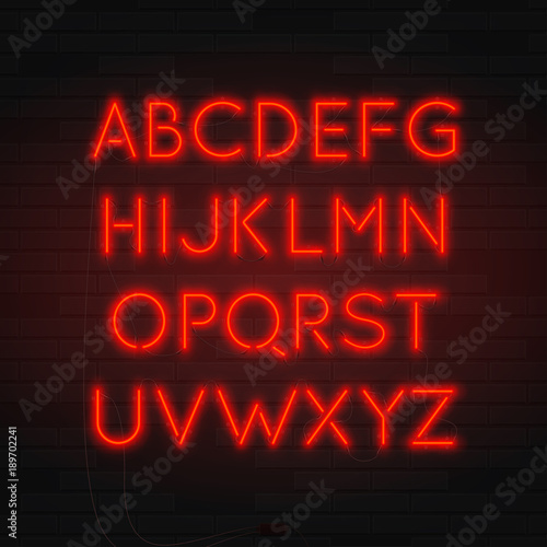 Glowing Realistic Neon Character Typeset. Neon Red Alphabet on Brick Wall. Concept of Symbols for Billboard. Vector Illustration.