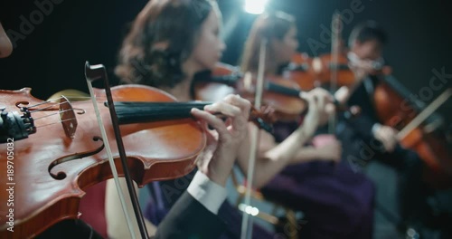 symphony orchestra performance, close-up of stringed instruments at work photo