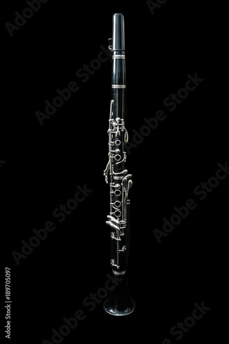 Full view of a clarinet standing isolated in black