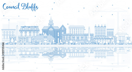 Outline Council Bluffs Iowa City Skyline with Blue Buildings and Reflections.