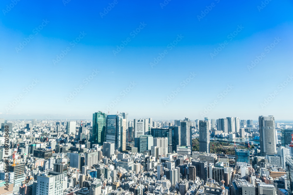 Asia Business concept for real estate and corporate construction - panoramic modern city skyline bird eye aerial view near tokyo tower under bright sun and vivid blue sky in Tokyo, Japan