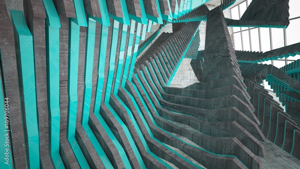 Fototapeta Abstrakcjonistyczny biały i brown betonowy parametryczny wnętrze z błękitnymi glansowanymi liniami. 3D ilustracja i rendering.