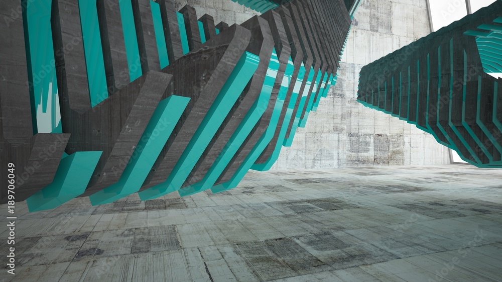 Fototapeta Abstrakcjonistyczny biały i brown betonowy parametryczny wnętrze z błękitnymi glansowanymi liniami. 3D ilustracja i rendering.