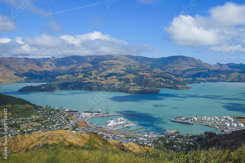 Beautiful view of Lyttelton Port and Harbour from the Christchurch Gondola Station  at the top of the Port Hills, Christchurch, Canterbury, New Zealand.