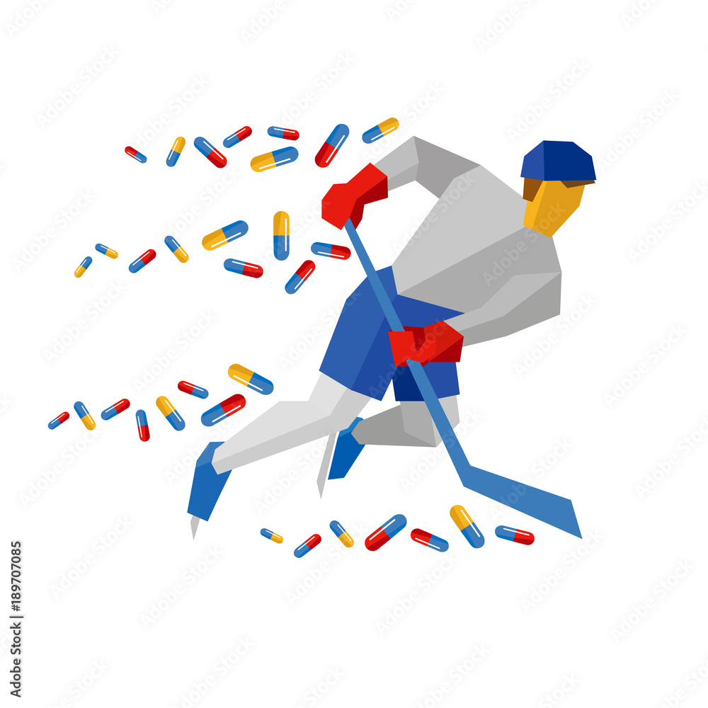 Hockey player in blue and red running on ice skates Hockey player in blue and red running on ice skates