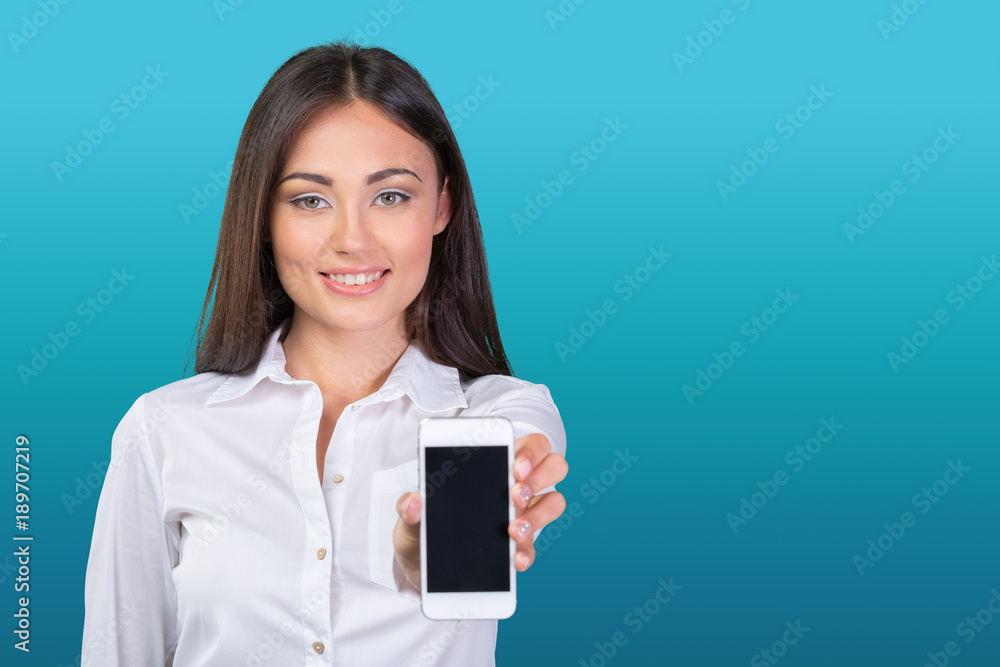 businesswoman displaying mobile phone isolated touch screen businesswoman displaying mobile phone isolated touch screen