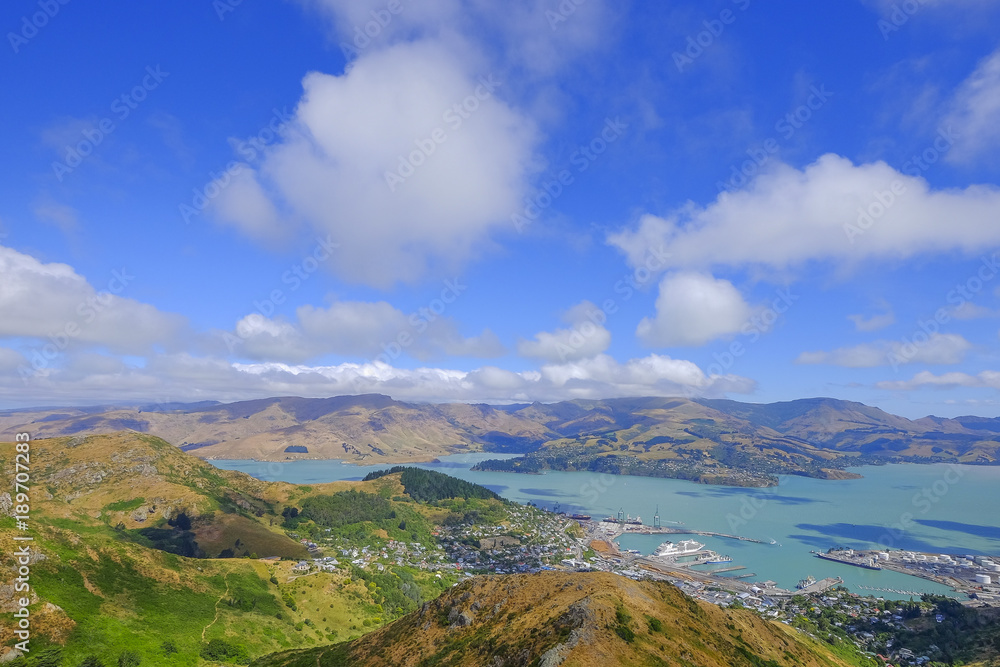 Beautiful view of Lyttelton Port and Harbour from the Christchurch Gondola Station at the top of the Port Hills, Christchurch, Canterbury, New Zealand. Beautiful view of Lyttelton Port and Harbour from the Christchurch Gondola Station at the top of the Port Hills, Christchurch, Canterbury, New Zealand.