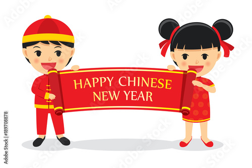 Boys and girls hold signs of chinese new year isolated on white background