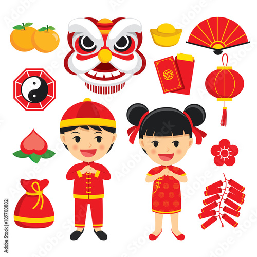 Happy chinese new year decoration traditional symbols set with characters and icons elements isolated on white background.
