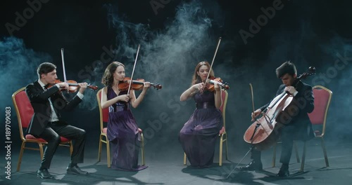 string musicians quartet during the performance of the symphony at the concert, black background with smoke photo