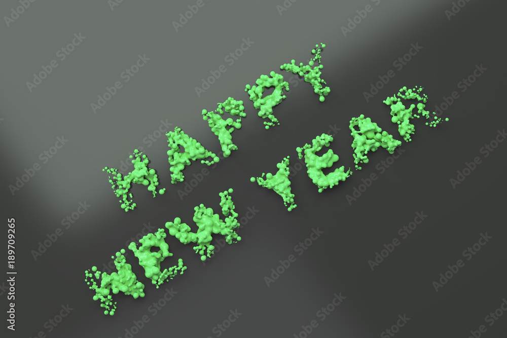 Liquid green Happy New Year words with drops on black background Liquid green Happy New Year words with drops on black background